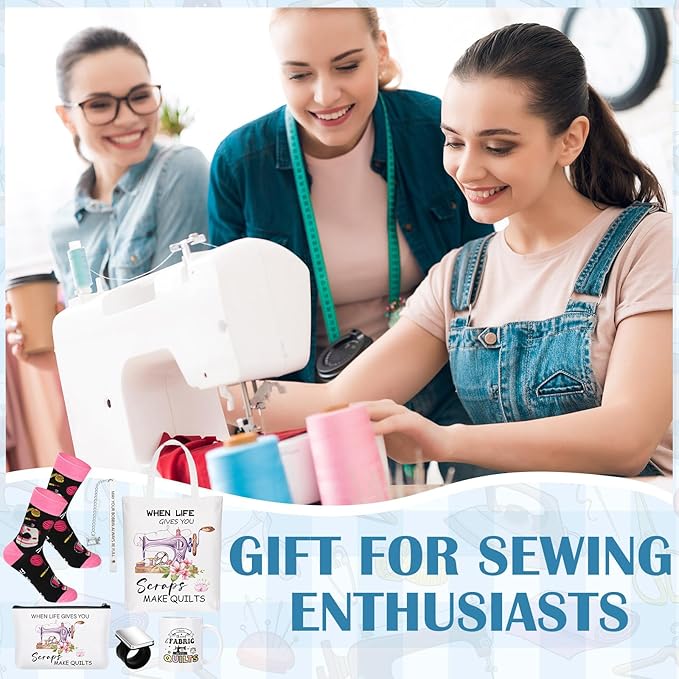 Baderke 6 Pcs Sewing Gifts for Seamstress Include Canvas Bag Cosmetic Bag 11 oz Coffee Mug Bookmark Socks and Pin Cushion for Quilters Sewing Lovers Christmas Gift