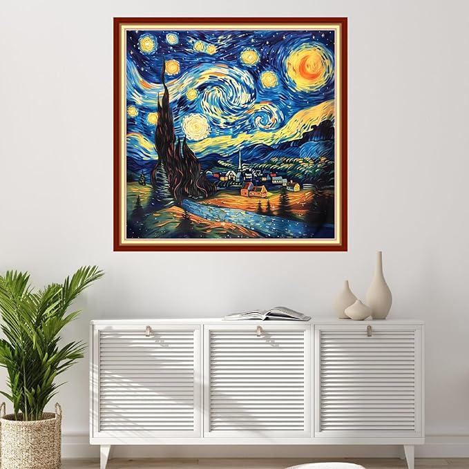 Foxhool Stamped Cross Stitch Kits,11CT Printed Cross Stitch Pattern Full Embroidery Kits for Beginner Needlepoint Kits-Van Gogh Night Sky 18x18 inchs