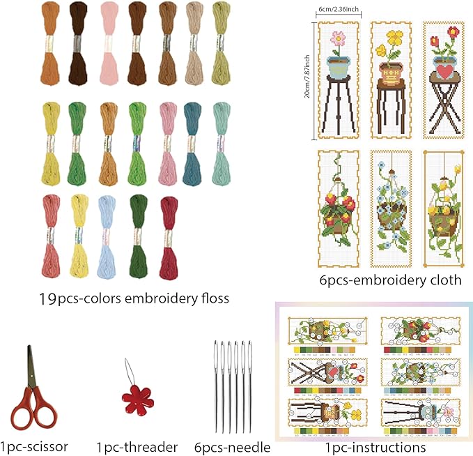FREEBLOSS 6 Set Cross Stitch Bookmark Kit - Flowers Patterns, Stamped Embroidery Bookmark with Instruction, DIY Kit for Beginners, 8''x2.4''