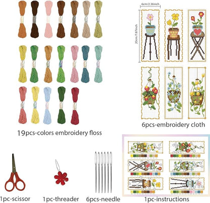 FREEBLOSS 6 Set Cross Stitch Bookmark Kit - Flowers Patterns, Stamped Embroidery Bookmark with Instruction, DIY Kit for Beginners, 8''x2.4''