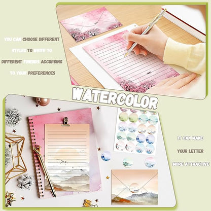 TaoBary 160 Pcs Stationery Paper Set 50 Double Sided Stationery Papers with 50 Matching Envelopes and 60 Round Dot Sticker, 10 Design(Ink Painting,8.5 x 11 Inch)