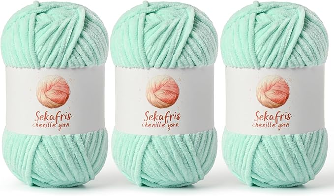 3 Pack Mint Green Chunky Chenille Yarn for Crocheting, Bulky Velvet Yarns for Crochet, Baby Yarn for Crocheting Soft Blanket, 393 yds/10.5 oz Fluffy Amigurumi Crochet Yarn