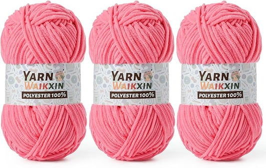 3 Pack Soft Chenille Yarn for Crocheting, Fluffy Chunky Crochet Yarn for Baby Blanket, (5.29oz/196.8yds) Fuzzy Velvet Yarn for Amigurumi&DIY Puzzle、Crafts、Scarf(3 Deep Pink)