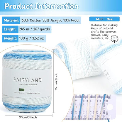 Aeelike Gradient Yarn for Crocheting, 3 Skeins Cake Yarns 100g (3.52 oz) 245m (267 Yards) # 3 Light Weight Super Soft Ombré Yarns for Making Blanket Scarves Sweaters, Blue White Gradient