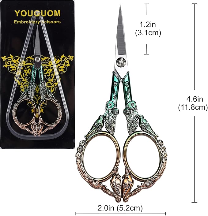 YOUGUOM Embroidery Scissors, Sharp Pointed Sewing Scissors for Craft Cross Stitch Needlework Artwork Knitting Threading Small DIY Tools, 4.6in Gold Green Cute Bird
