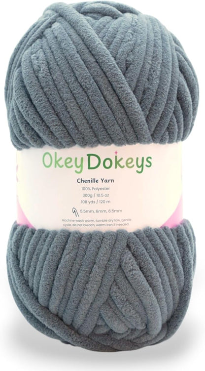 Okey Dokeys 300g Jumbo Velvet Chenille Yarn 7 Jumbo – Plush, No-Fray, Durable Plushies, Posh Soft Crochet Projects Beginner Friendly (130 yds) (Stormy Skies (109), 1 Pack (17.90/Skein))
