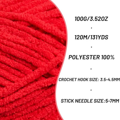 2 Pack Plush Chunky Chenille Yarn for Crocheting, Soft Fluffy Velvet Yarn for Crocheting Amigurumi, Fuzzy Baby Blanket Knitting 200g/262yds Bulky(2 Red)