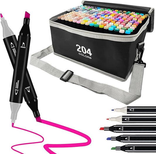 Dual Tip Alcohol Markers, Color Markers Pens, Permanent Marker, Assorted, For Adult Coloring Books, Note Taking Coloring Writing, Teacher Office Supplies, Drawing Art Supplies Kit (204 Colors)
