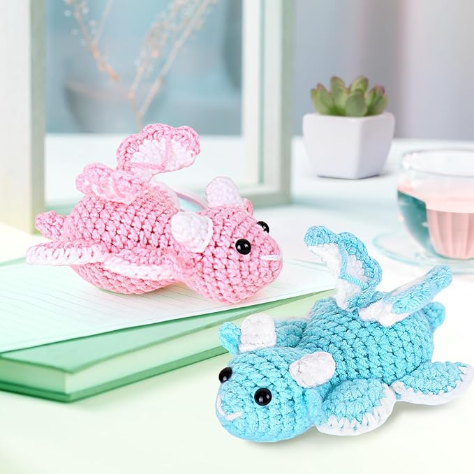 Crochet Kit for Beginners, Beginner Crochet Kit for Adults with Step-by-Step Video Tutorials, DIY Crochet Animal Kits Knitting Supplies, 2 Pack Dragon (40%+ Yarn)