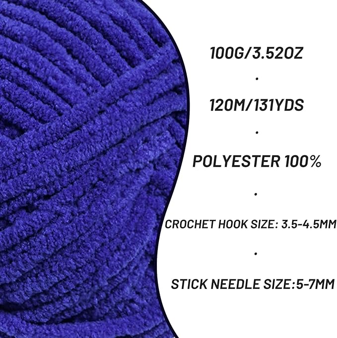 Plush Chunky Chenille Yarn for Crocheting Amigurumi, Soft Fluffy Velvet Yarn for Crocheting, Fuzzy Baby Blanket Knitting 100g/131yds Bulky（Sapphire Blue）