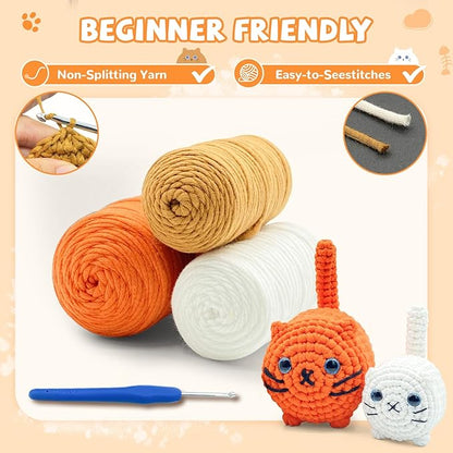 SGIBYN Crochet Kit for Beginners,Crochet Cat Kit with Step-by-Step Video Tutorials - DIY Amigurumi Loaf Cat Family, Easy Animals Craft Kit for Adults & Teens