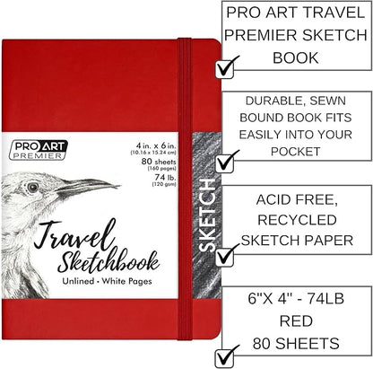 Pro Art Premier Sketch Book Travel 6"x 4" White 74lb Red 80 Sheets, Sketch Book, Sketchbook, Drawing Pad, Pad, Drawing Paper, Art Book, Paper, Sketchbook for
