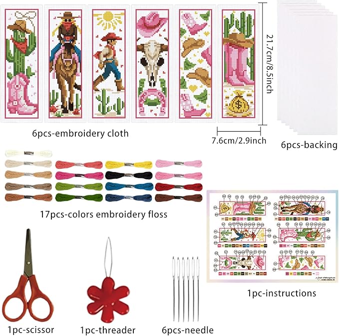 ORIGACH 6 Set Cowboy Cross Stitch Bookmark Kits for Beginner, Western-Style Cowboy Stamped Cross Stitch Kits with Instructions for Adults Bookmarks Lovers