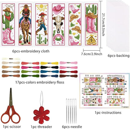 ORIGACH 6 Set Cowboy Cross Stitch Bookmark Kits for Beginner, Western-Style Cowboy Stamped Cross Stitch Kits with Instructions for Adults Bookmarks Lovers