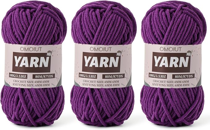 Fluffy Chenille Yarn for Crocheting - Baby Yarn for Crocheting Soft Blanket - 3 Pack of 100g/(87.4yds) Crochet Amigurumi Chunky Yarns - Super Bulky 5 Velvet Yarns (3 Violet)
