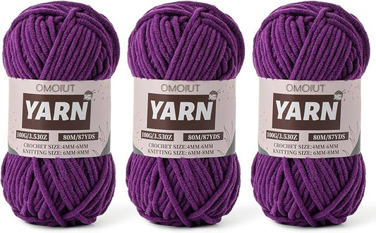 Fluffy Chenille Yarn for Crocheting - Baby Yarn for Crocheting Soft Blanket - 3 Pack of 100g/(87.4yds) Crochet Amigurumi Chunky Yarns - Super Bulky 5 Velvet Yarns (3 Violet)