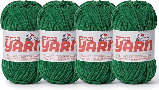 4 Pack Plush Chunky Chenille Yarn for Crocheting, Soft Fluffy Velvet Yarn for Crocheting Amigurumi, Fuzzy Baby Blanket Knitting 400g/524yds Bulky(4 Green)