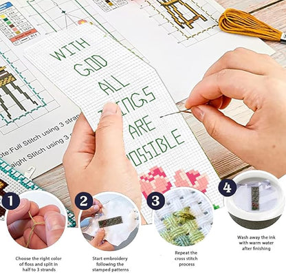 ORIGACH 6 Pcs Cross Stitch Bookmark Kit for Beginner with Backing Felt Floss Instruction Bible Verses Stamped Embroidery Bookmark Kit for Starters Adults Book Lovers