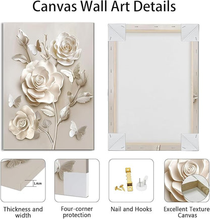 WENGTIAO Beige Flora Canvas Wall Art Neutral Roses Butterflies Wall Print Poster Modern Botanical Minimalist Blossom Painting Picture Elegant Flower Artwork for Living Room Bedroom Bathroom 12x16 inch