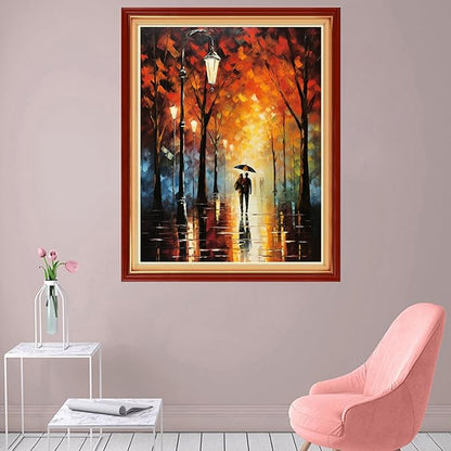 Foxhool Stamped Cross Stitch Kits,11CT Printed Cross Stitch Pattern Full Embroidery Kits for Beginner Needlepoint Kits-Couples Strolling on Rainy Nights 16x20 inch