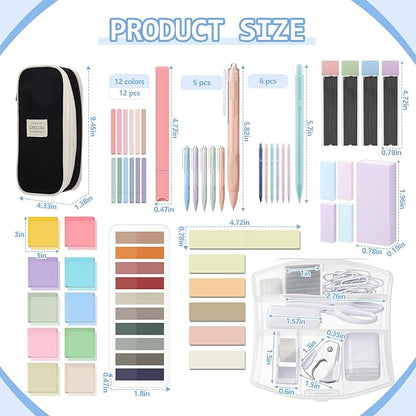 Sinload 60 Pcs Aesthetic Book Annotation Kit School Supplies Cute Pencil Case 12 Highlighter 5 Gel Pen 6 Mechanical Pencil 5 Magnetic Bookmark 1220 Pcs Sticky Note Tab Student Stationary(Black)