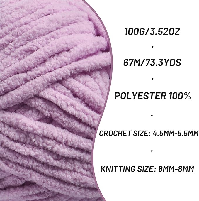 Chunky Chenille Yarn for Crocheting，Baby Yarn for Crocheting Soft Blankets，Bulky Yarns for Crochet Amigurumi，3×100g (3×74.3yds) Fluffy Velvet Yarns for Hand Knitting (3 Light Purple)