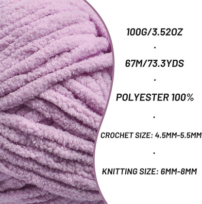 Chunky Chenille Yarn for Crocheting，Baby Yarn for Crocheting Soft Blankets，Bulky Yarns for Crochet Amigurumi，100g (74.3yds) Fluffy Velvet Yarns for Hand Knitting (Light Purple)