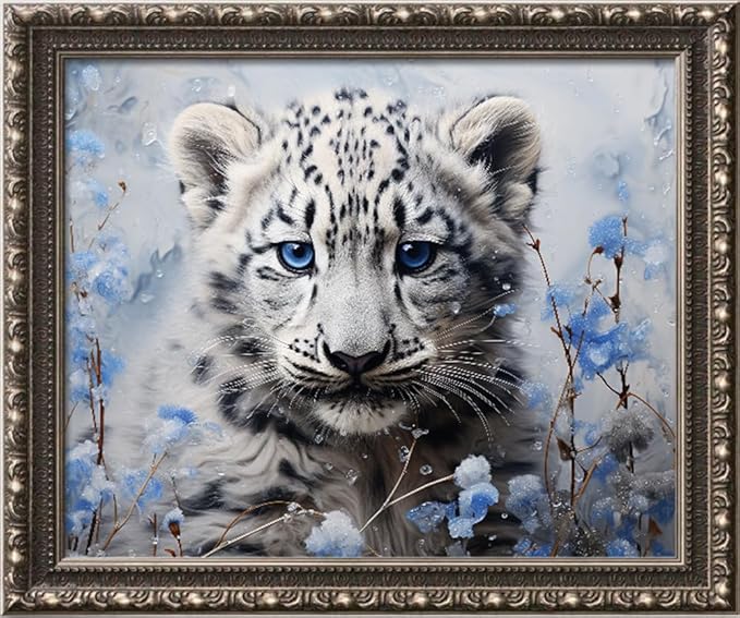 Leczany Cross Stitch Stamped Kit for Adults - Lovely Snow Leopard | DIY Embroidery Starter Patterns Craft Kit Needlepoint for Beginner | 11CT, 3 Strands | 16.5x13.4 inches