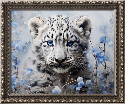 Leczany Cross Stitch Stamped Kit for Adults - Lovely Snow Leopard | DIY Embroidery Starter Patterns Craft Kit Needlepoint for Beginner | 11CT, 3 Strands | 16.5x13.4 inches