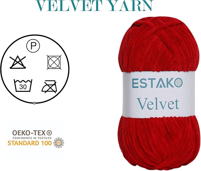 Estako Velvet (3- Skeins Pack) Chenille Blanket amigurumi Yarn for Crocheting and Knitting Super Bulky 3x100 gr (3x132 yds) (1510 - Red)