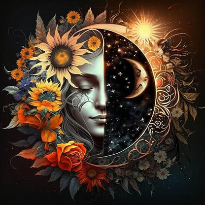 DYAIANGMU Stamping Cross Stitch Kit,Day and Night Sunflower Cross Stitch Kit for Adult Beginners, Full Line DIY Cross Stitch Stitching Kit for Home Decor Cross Stitch Patterns 13.7x13.7 inches