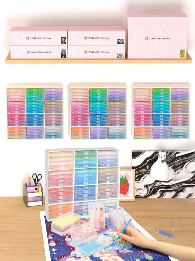 ForeverYoung Extra Large Diamond Art Storage Containers Trays ＆ Stand, 48pcs Diamond Art Accessories Diamond Painting Trays with Lids, 2-in-1 Diamond Art Trays and Diamond Painting Storage