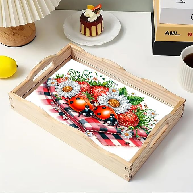DoxQcs DIY Diamond Art Wooden Food Tray with Handle Diamond Painted Table Decoration Tray for Breakfast Bar Dinner Table Diamonds Art Painting for Beginners-Strawberry