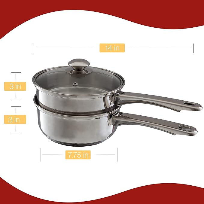 6 Cup Double Boiler Pot Set – 1.5 Quart Stainless-Steel Saucepan 2-in-1 with Vented Glass Lid – Kitchen Cookware with Measurements by Classic Cuisine
