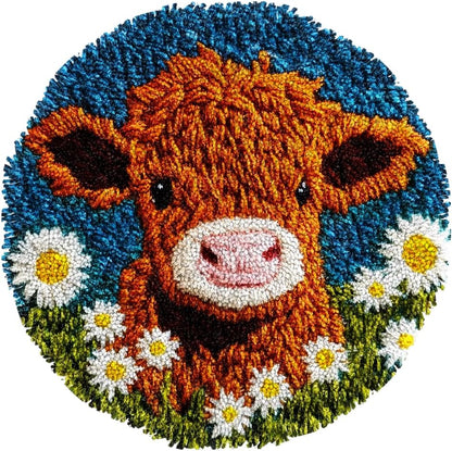 Latch Hook Rug Kit Cute Highland Cow with Daisy Flower Easy for Beginners Round Shape Carpet Crochet Yarn Craft Mini Rug DIY Hook and Latch Little Tapestry for Home Decor 30x30cm-1 by Unknown