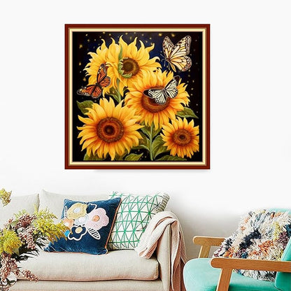 Foxdiviy Stamped Cross Stitch Kits Full Range of Embroidery Needlework Starter Kits for Beginners Adults 11CT Embroidery Patterns Art Crafts DIY Needlepoint Kits-Butterfly Sunflower 18x18 inch