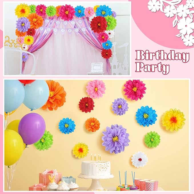 Geyee 81 Pcs Mexican Flowers Party Decoration Fiesta Tissue Paper Fiesta Colorful Crepe Paper Flowers for Floral Backdrop Wedding Birthday Craft Wall 8" 10" 12"