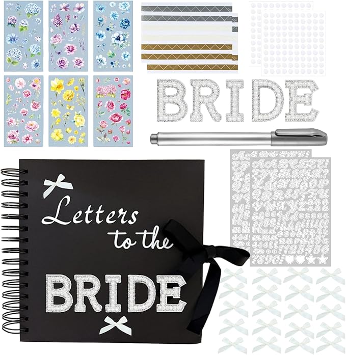 8" x 8" Letters to the Bride Scrapbook Album Guest Book, 80 Blank Pages Hardcover Photo Scrapbook Wedding Memory Book for Bridal DIY, Family, Anniversary with DIY Accessories Kit (Black Kraft Paper)
