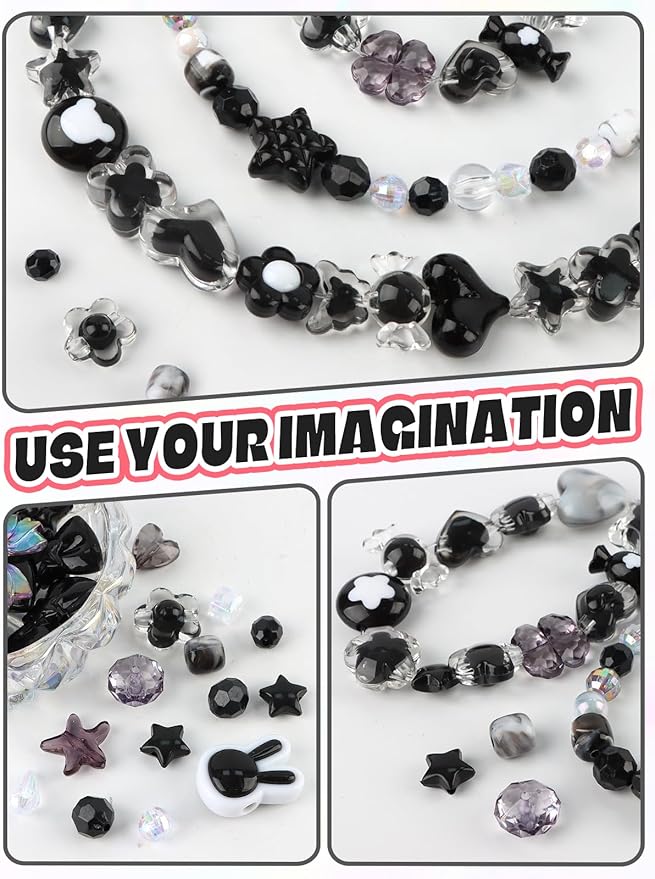 150PCS Acrylic Pastel Beads for Jewelry Making, Kalolary Black Bow Butterfly Flower Bead Kawaii Plastic Heart Bead Cute Macaroon Aesthetic Beads for Bracelet Necklace DIY (Black)