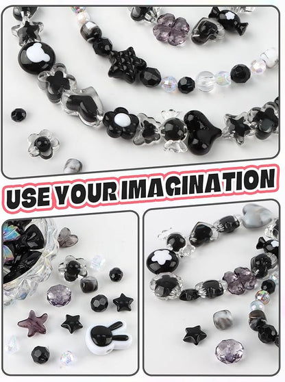 150PCS Acrylic Pastel Beads for Jewelry Making, Kalolary Black Bow Butterfly Flower Bead Kawaii Plastic Heart Bead Cute Macaroon Aesthetic Beads for Bracelet Necklace DIY (Black)