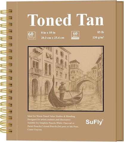 SuFly Toned Tan Sketchbook, 8x10 Inches, 60 Sheets - 90lb/150gsm Tan Paper for Mixed Media, Charcoal, Graphite, Colored Pencils & White Gel Pens, 100% Recycled, Wire-O Bound.