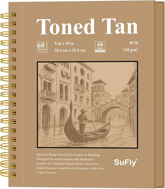 SuFly Toned Tan Sketchbook, 8x10 Inches, 60 Sheets - 90lb/150gsm Tan Paper for Mixed Media, Charcoal, Graphite, Colored Pencils & White Gel Pens, 100% Recycled, Wire-O Bound.