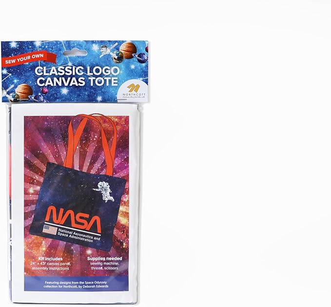 Northcott NASA Logo DIY Canvas Tote Bag Sewing Kit – Space-Themed Fabric Craft Project – Includes 24" x 43" Dark Blue & Red Fabric Panel & Instructions – Create 16" x 15" Handmade Tote Bag