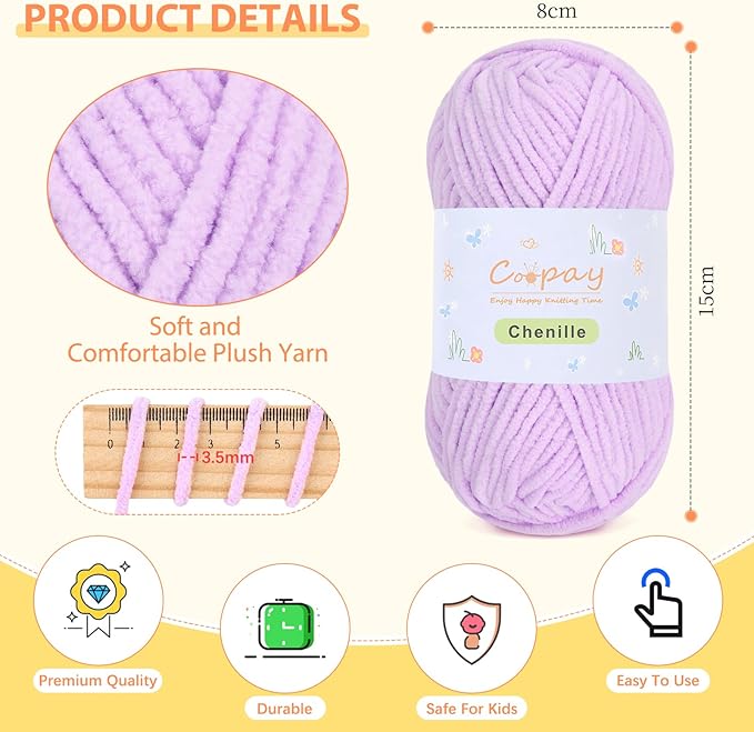Coopay Chenille Yarn for Crocheting/Knitting, 8 Pack Medium Worsted Weight Yarn of 50g/1.76oz - Total 520yd, Soft Velvet Crochet Yarns for Plush Toys, Baby Blankets, Scarves (Purple)