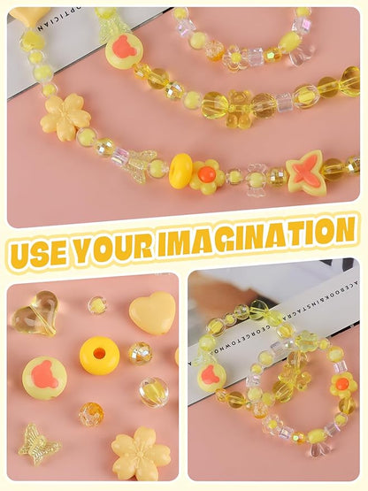 150PCS Acrylic Pastel Beads for Jewelry Making, Kalolary Colorful Bow Butterfly Flower Kawaii Plastic Candy Heart Cute Macaroon Aesthetic Beads for Bracelet Necklace DIY Supplies (Yellow)