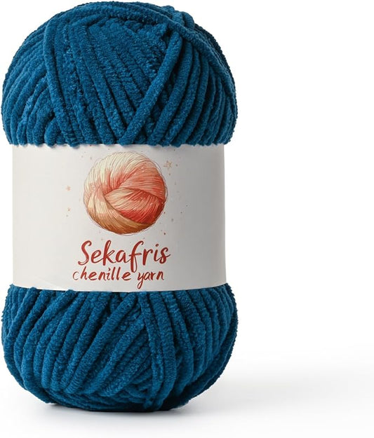 Denim Blue Chunky Chenille Yarn for Crocheting, Bulky Velvet Yarns for Crochet, Baby Yarn for Crocheting Soft Blanket, 131yds /3.53 oz Fluffy Amigurumi Crochet Yarn
