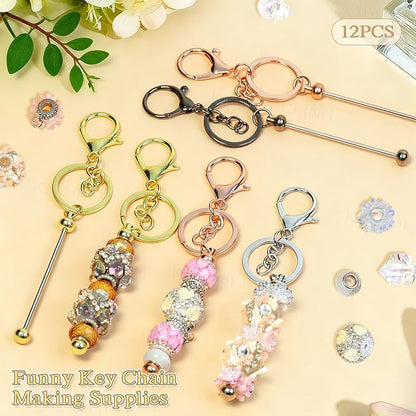 12 PCS Beadable Keychain Making Kit,Key Chain Keyrings for Jewelry Making,Car Bag Purse Charms Key Chains Bulk Metal Blank Bars,DIY Supplies Christmas Gifts for Women Men Crafts Custom Projects Rose