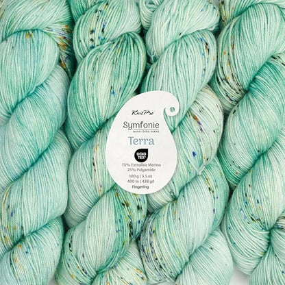 KnitPro Symfonie Hand Dyed Yarn | Extra Fine Merino Wool & Polyamide Blend for Knitting & Crocheting, Fingering Weight, Oeko-TEX Certified 400m, 100g Skein | Terra Variegated Mint Sky
