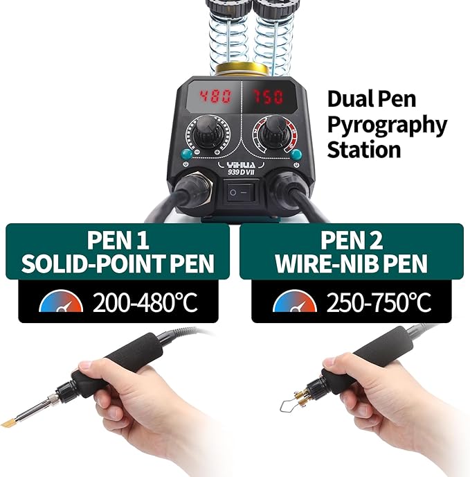 YIHUA 939D-VII Pyrography Tool Wood Burning Pen Kit Station 2-in-1 Solid-Point 200~480°C (with Temp Display)/Wire-Nib 250~750°C with 23 Nibs, 25 Solid Points, 4 Woodpieces