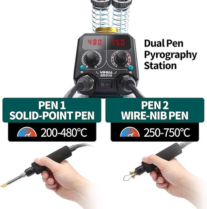 YIHUA 939D-VII Pyrography Tool Wood Burning Pen Kit Station 2-in-1 Solid-Point 200~480°C (with Temp Display)/Wire-Nib 250~750°C with 23 Nibs, 25 Solid Points, 4 Woodpieces